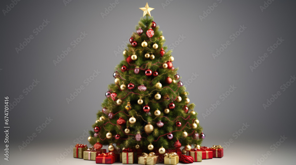 Christmas tree festooned with red and gold ornaments, standing against a gradient backdrop, with assorted wrapped gifts settled at its base. Christmas tree festooned with red and gold ornaments, standing against a gradient backdrop, with assorted wrapped gifts settled at its base.