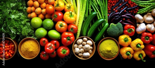 A colorful display of healthy food including vibrant vegetables delicious curries and a variety of seasonings such as dill and cherry tomatoes can provide the perfect background for your des