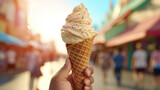 Female hand holding an ice cream cone, social media style photo, food and travel destination concept.