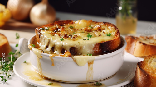 French onion soup in a white bowl with bread and melted cheese on top. photo