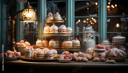 Pastry shop window with macarons and pastries on display