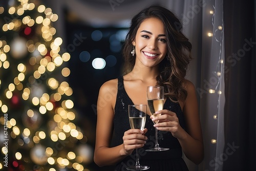 Woman in festive dress enjoys champagne at holiday party