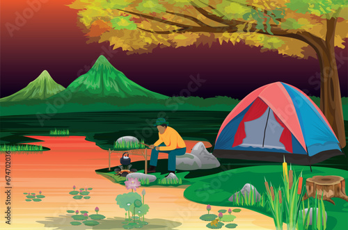 A man resting by setting up a tent by the swamp.