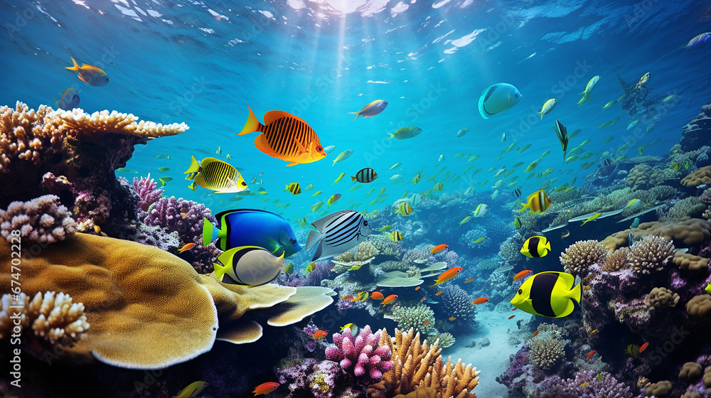 Tropical ocean, coral reefs and variety of colorful tropical fish in the ocean - obrazy, fototapety, plakaty 