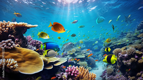 coral reef and variety of colorful tropical fish in the ocean photo