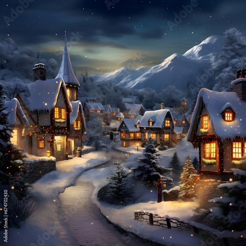 Digital painting of a small village in the mountains at night with snow © Iman