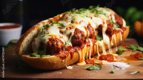 Meatball sub with tomato sauce and cheese.