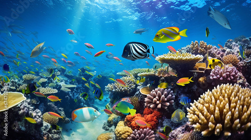 Tropical ocean, coral reefs and variety of colorful tropical fish in the ocean