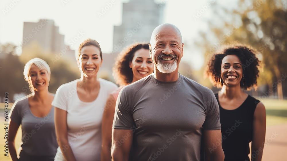 Multiethnic group of middle aged people of different genders and ages during a running workout in the park. Joint training to motivate youth and maintain health in the middle age.