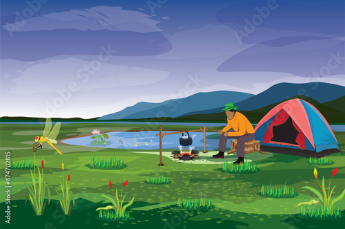 A man resting by setting up a tent by the swamp.