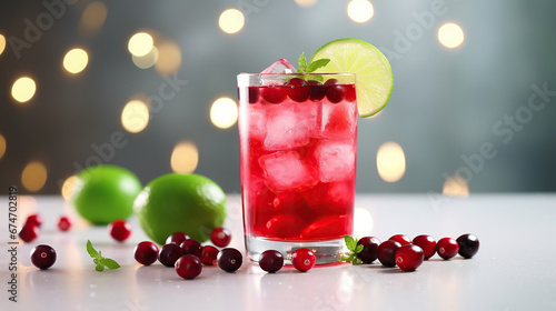 Refreshing cranberry cocktail or mocktail with lime, winter drink idea.