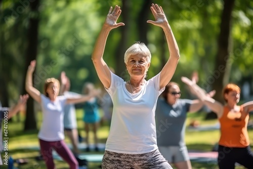 Women gather in park participating in cost-free yoga session. Gathering of women takes part in freely offered yoga class connecting with nature and finding inner peace in warmth of park