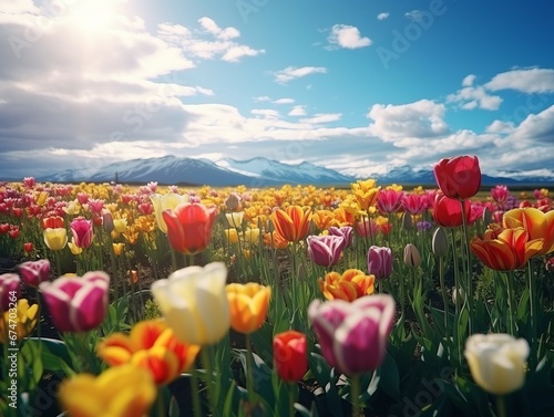 A Vibrant Field of Colourful Tulips Under a Serene Blue Sky. A field full of colorful tulips under a blue sky