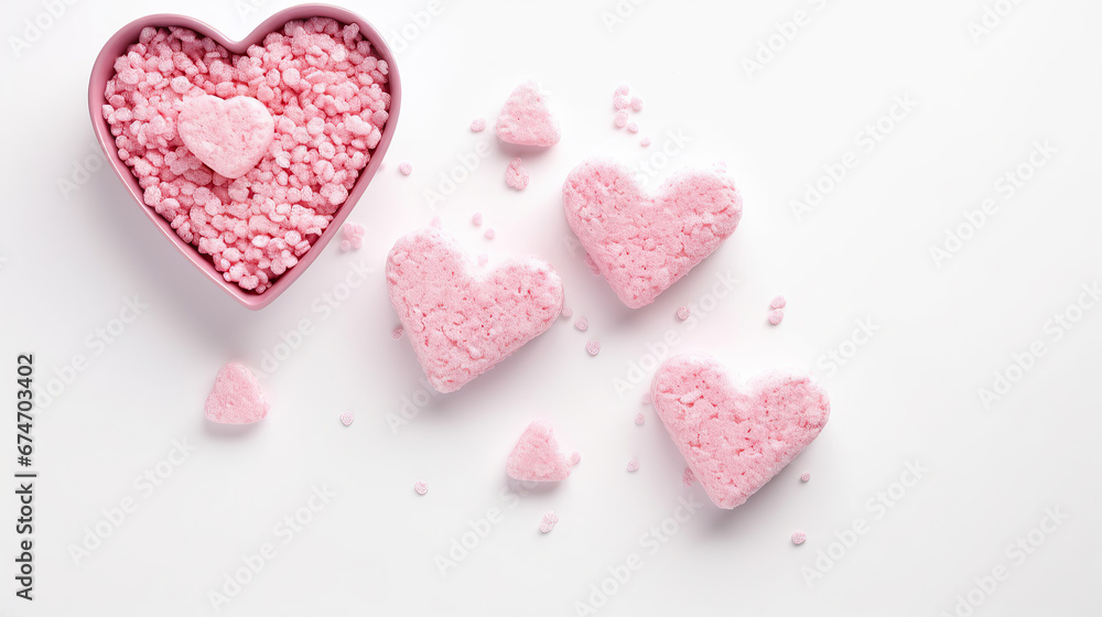 Fototapeta premium Pink heart shaped rice krispie treats served with milk, isolated on white background.