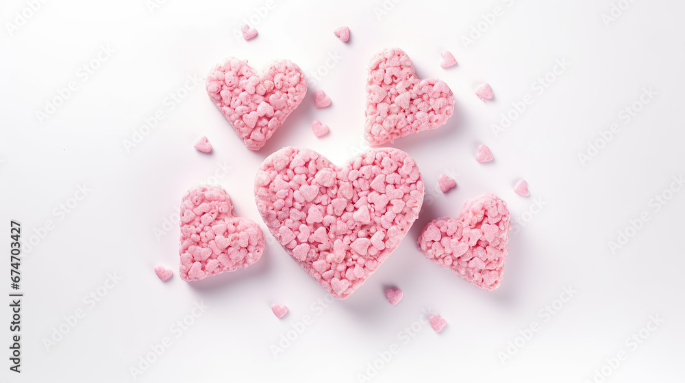 Pink heart shaped rice krispie treats served with milk, isolated on white background.