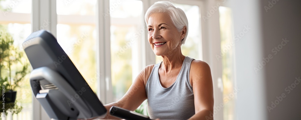 Cropped picture of a smiley elderly Scandinavian woman during workout on a smart exercise bike at home. She smiling and looking at camera. A scientific approach to training for maximum performance. Cropped picture of a smiley elderly Scandinavian woman during workout on a smart exercise bike at home. She smiling and looking at camera. A scientific approach to training for maximum performance.
