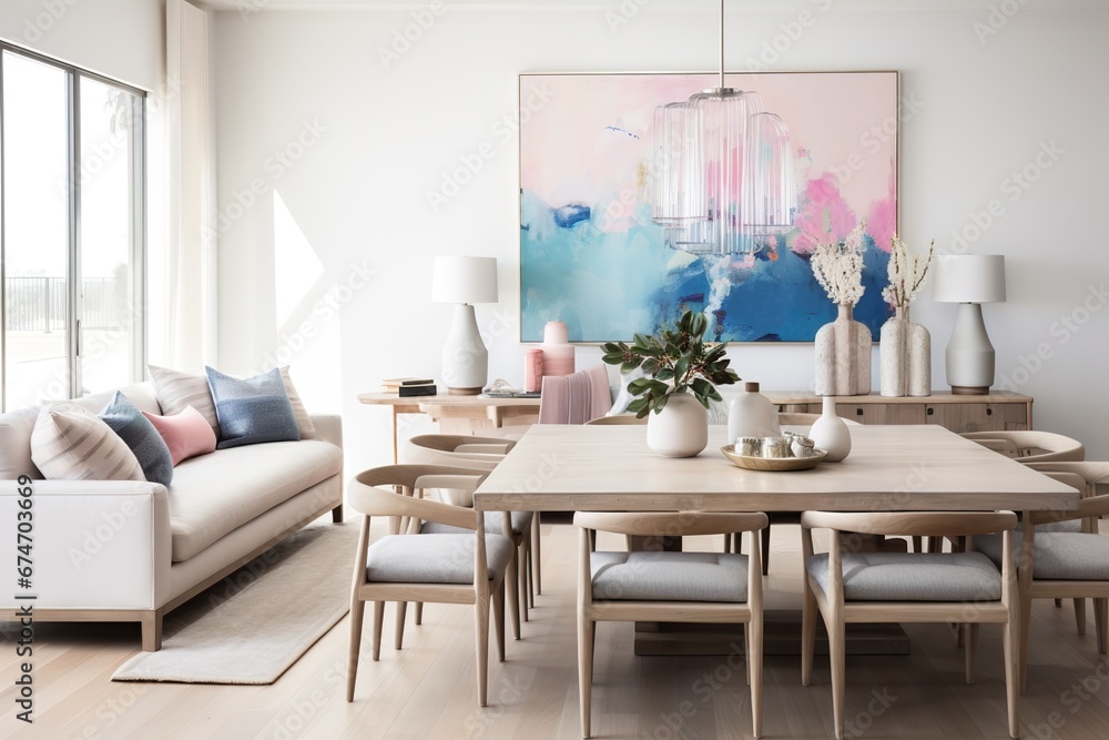 dining room, blank walls,neutral colors with pops of bright pink and blue, large artwork behind the table dining room, blank walls,neutral colors with pops of bright pink and blue, large artwork behind the table