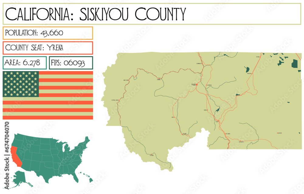 Obraz premium Large and detailed map of Siskiyou County in California USA.