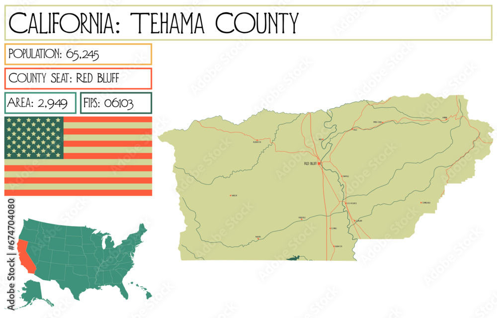 Large and detailed map of Tehama County in California USA.