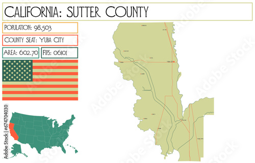 Large and detailed map of Sutter County in California USA.