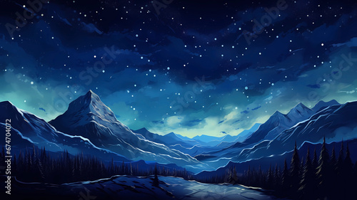 Hand-drawn cartoon beautiful illustration background of snowy mountains in the outdoor night under the starry sky in winter

