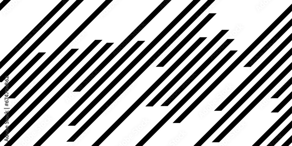 Abstract geometric pattern consisting of slanted lines. Black and white lines are located sequential. Black lines of random length. Vector illustration on white background - obrazy, fototapety, plakaty 
