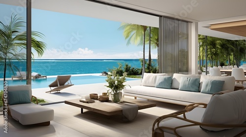 3d rendering of a modern living room with a view of the sea