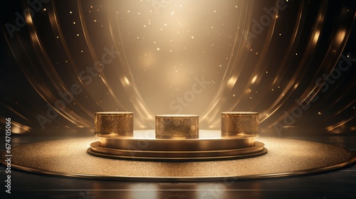 Golden scene Gold podium for product presentation. Abstract empty golden award platform glowing round frame and rays, glitter confetti sparkle rain falling from above background photo