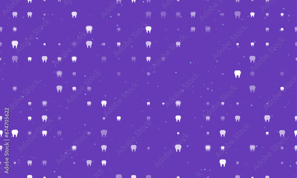Seamless background pattern of evenly spaced white tooth symbols of different sizes and opacity. Vector illustration on deep purple background with stars Seamless background pattern of evenly spaced white tooth symbols of different sizes and opacity. Vector illustration on deep purple background with stars