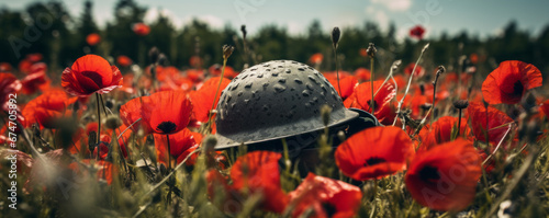 A military helmet in a field of red poppies. Remembrance day background, armistice day