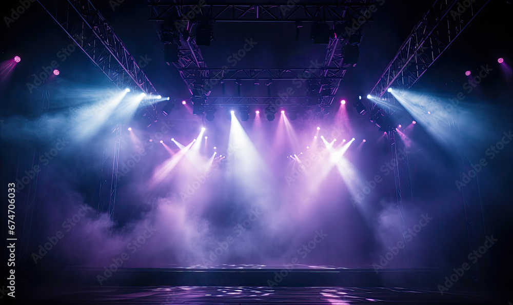 Dramatic concert stage with spotlights and laser lighting show and atmospheric smoke - obrazy, fototapety, plakaty 