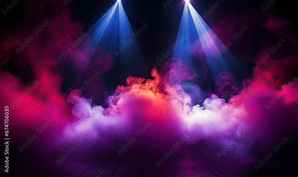 Dramatic concert stage with spotlights and laser lighting show and atmospheric smoke - obrazy, fototapety, plakaty 