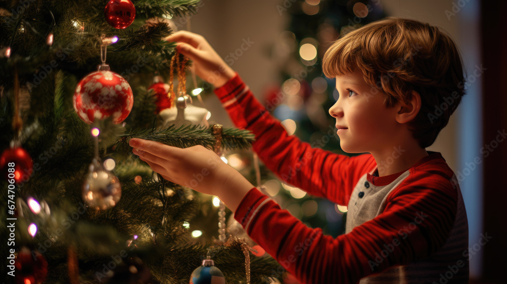 Little boy decorates Christmas tree. Little boy decorates Christmas tree.