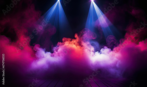 Dramatic concert stage with spotlights and laser lighting show and atmospheric smoke photo