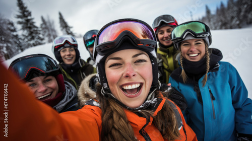 Group of happy skiers friends taking a selfie at snowy mountains