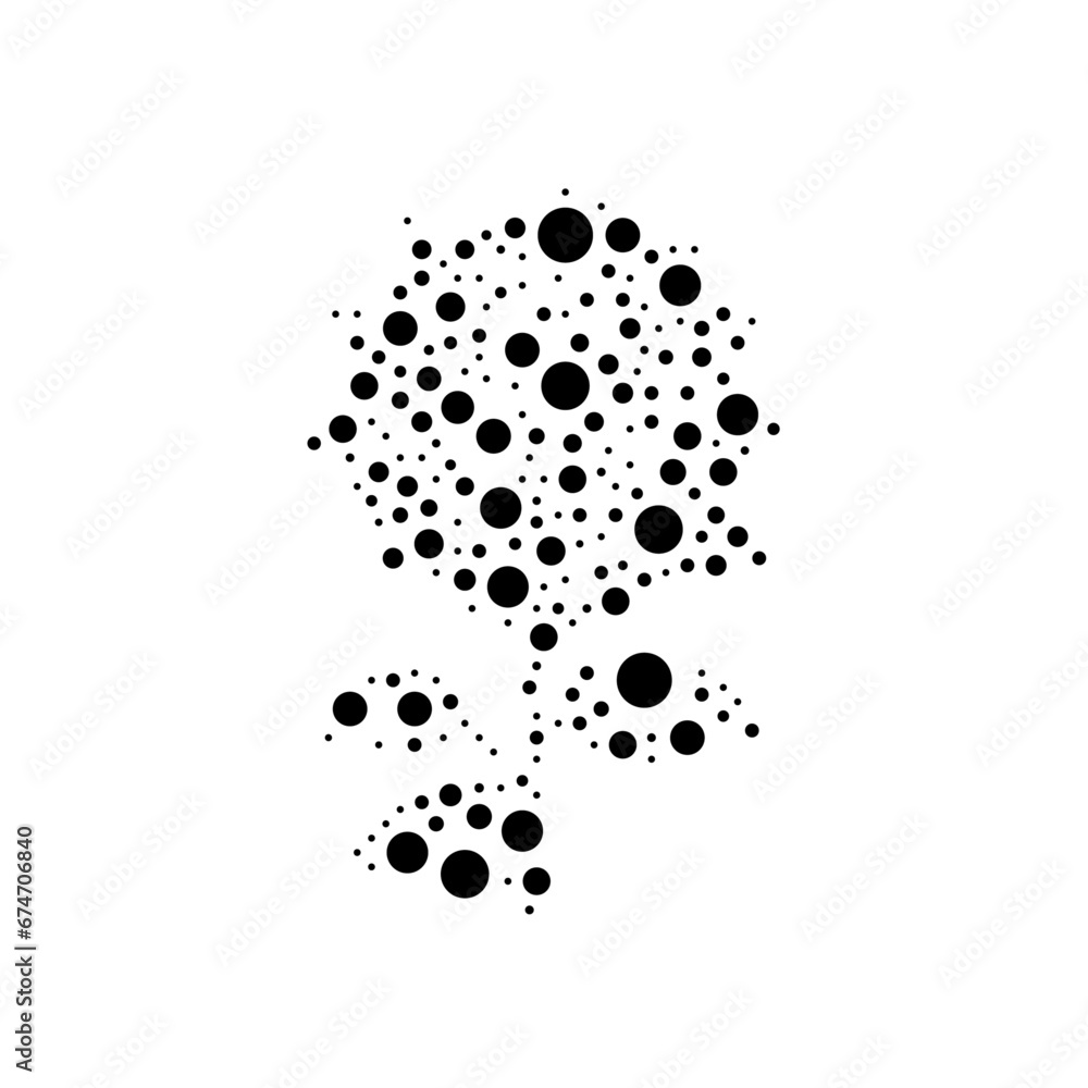 A large rose flower in the center made in pointillism style. The center symbol is filled with black circles of various sizes. Vector illustration on white background A large rose flower in the center made in pointillism style. The center symbol is filled with black circles of various sizes. Vector illustration on white background