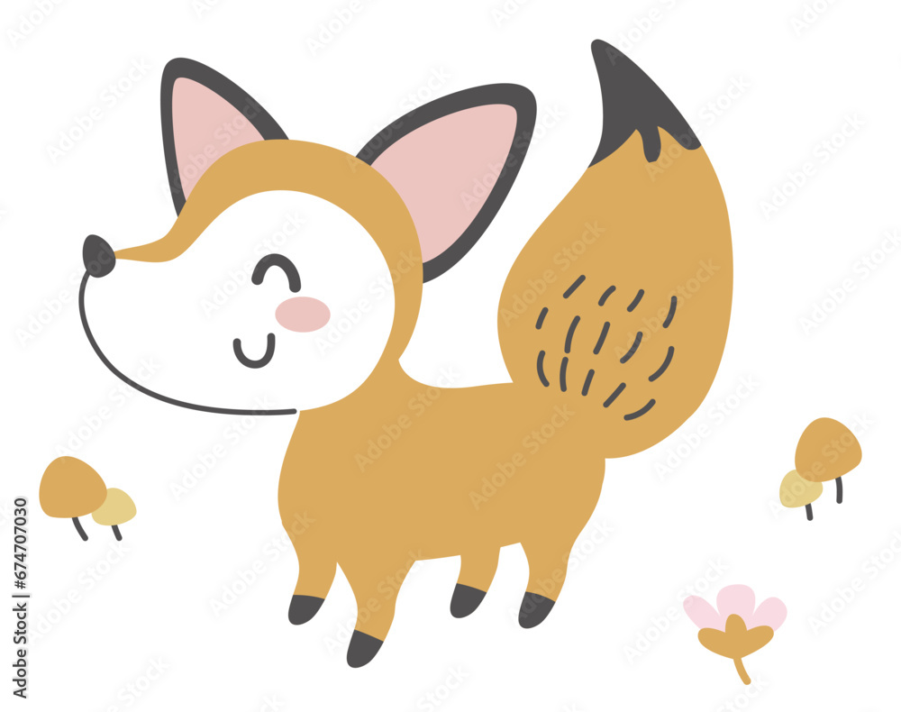 Cute smiling fox with black paws and fluffy tail. Happy childish animal character with friendly face flat cartoon vector illustration isolated on white background