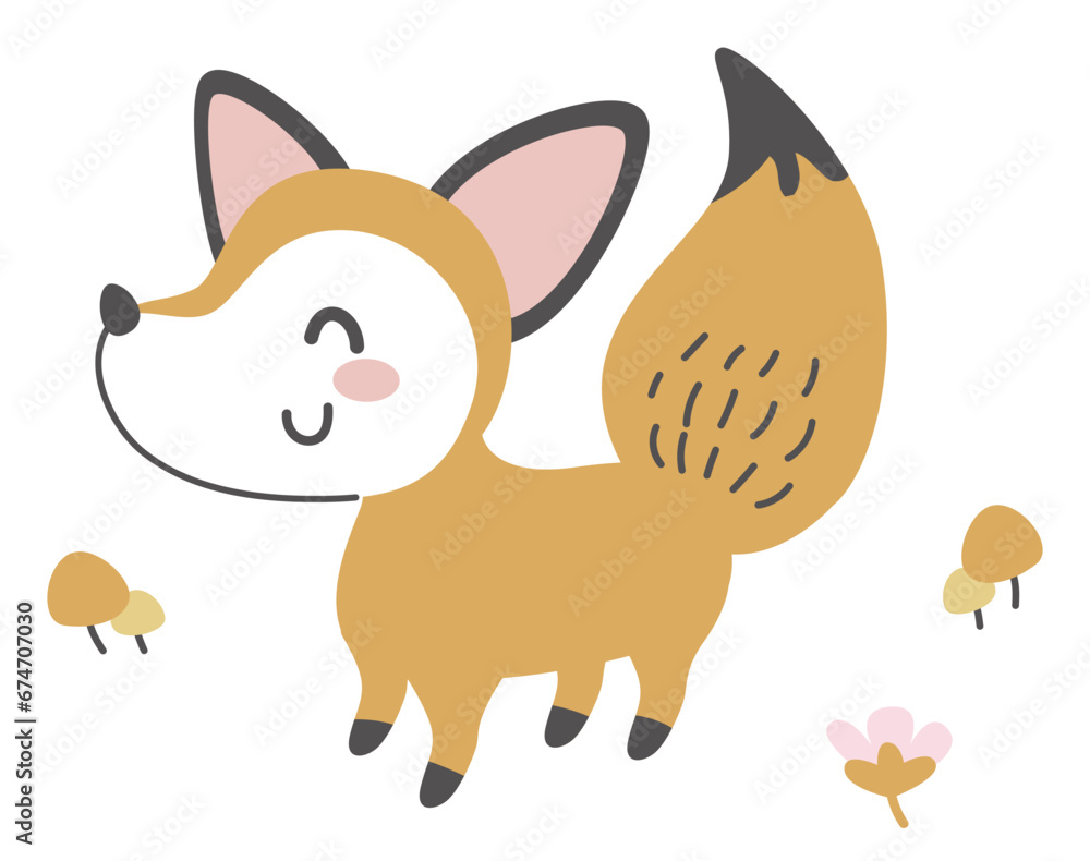 Cute smiling fox with black paws and fluffy tail. Happy childish animal character with friendly face flat cartoon vector illustration isolated on white background Cute smiling fox with black paws and fluffy tail. Happy childish animal character with friendly face flat cartoon vector illustration isolated on white background