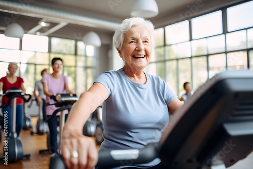 Old woman doing gymnastics with an elliptical machine photo