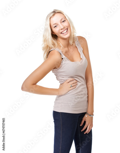 Happy, stylish and portrait of a woman on a white background with hands on hip for confidence. Smile, young and a girl or model with fashion, clothes and trendy, casual and style in studio © Y.A./peopleimages.com