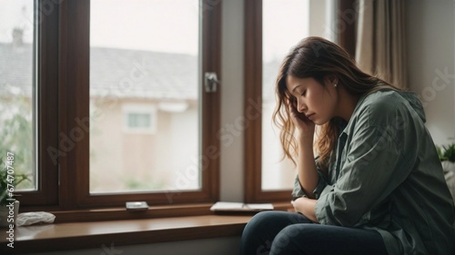 A sad girl in a house with anhedonia condition. depression and mental health disorder. loneliness, despair.