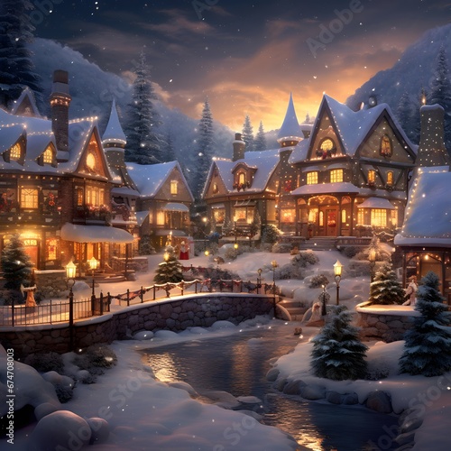 Winter village at night with snowy houses and snowflakes in the foreground