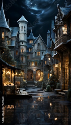 Fairy tale castle in the moonlight. Night scene. Halloween background.