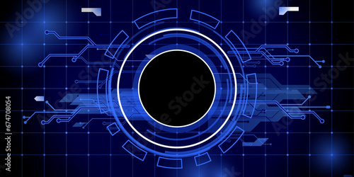 Abstract technology background with circles in center. Hi tech, digital connect, big data, blockchain technology innovation concept with glowing elements. Vector illustration on indigo background