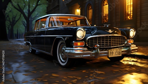Vintage car on the street in the evening, 3d rendering © Iman