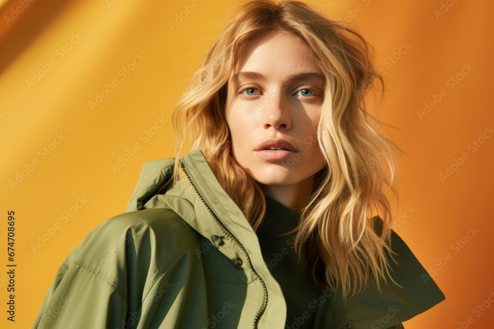Fototapeta premium Portrait of a mysterious blue-eyed blonde in a green demi jacket against an orange wall.