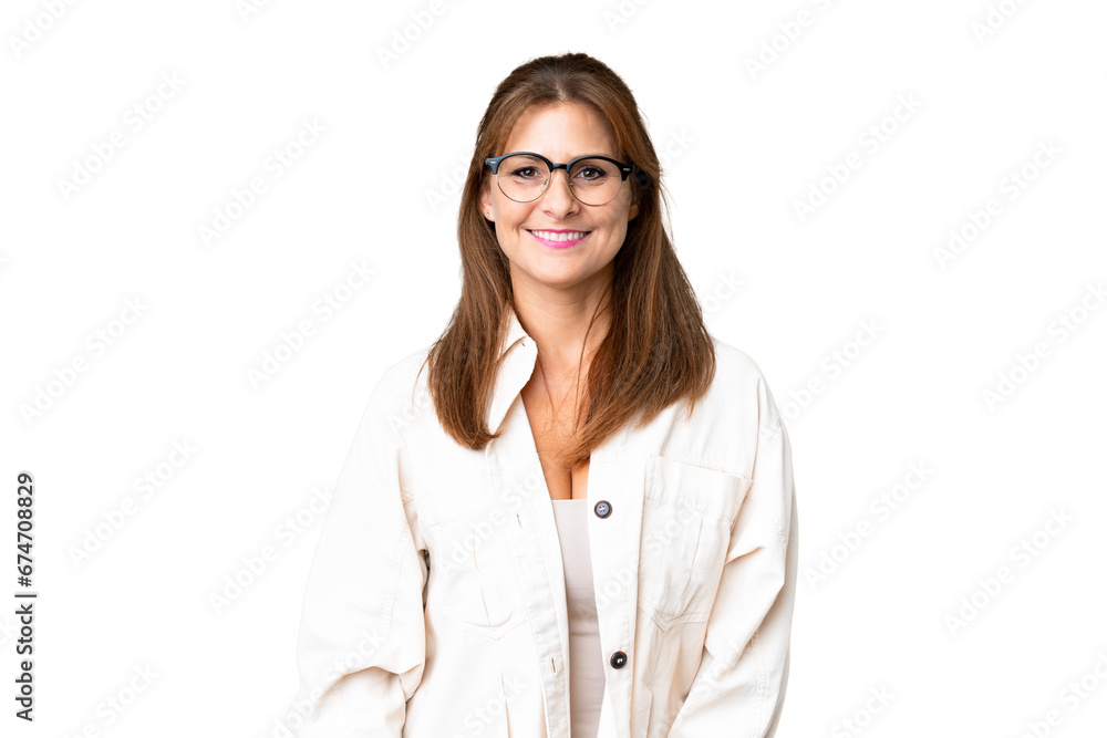 Middle age woman over isolated background with glasses and happy
