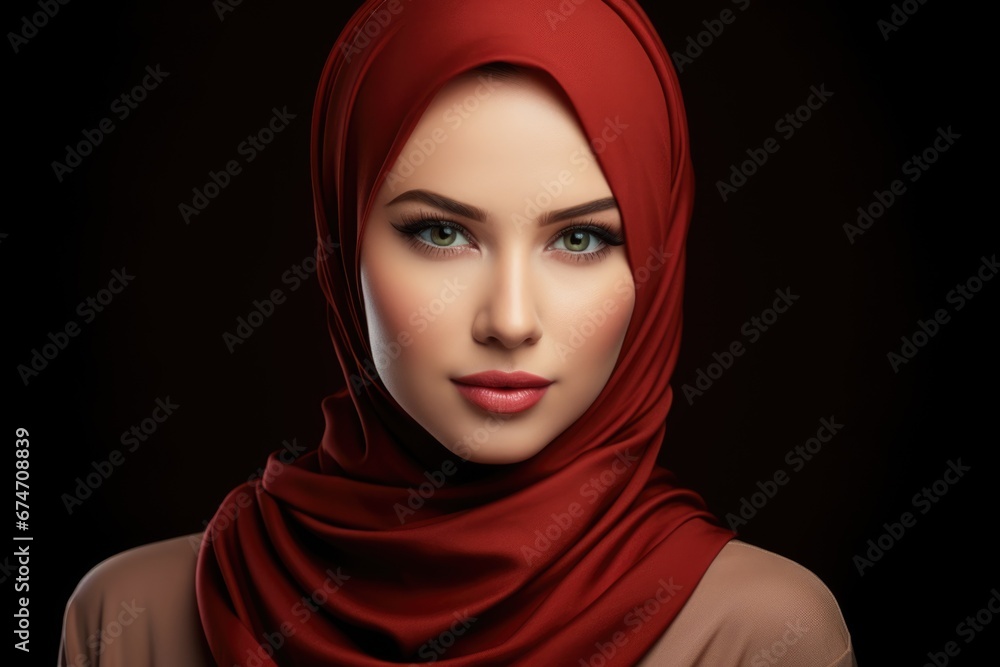 Green-eyed Muslim girl with makeup wearing burgundy hijab on dark background. Green-eyed Muslim girl with makeup wearing burgundy hijab on dark background.