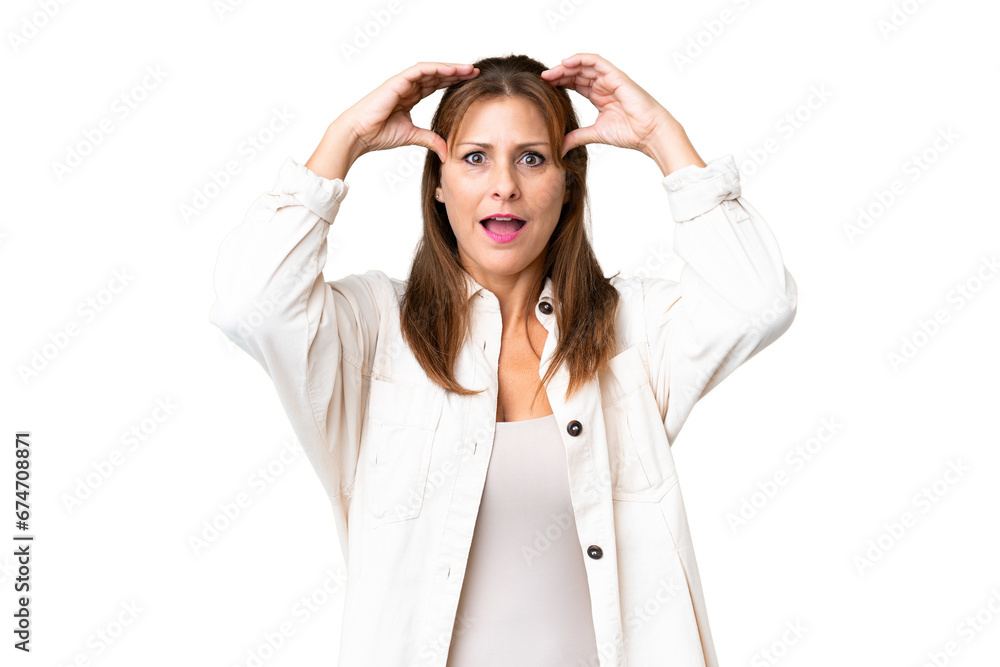 Middle age woman over isolated background with surprise expression Middle age woman over isolated background with surprise expression