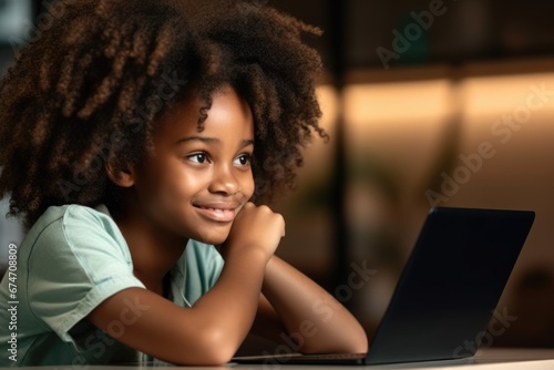 African American smiling high school student with curly hair sits at a laptop computer.